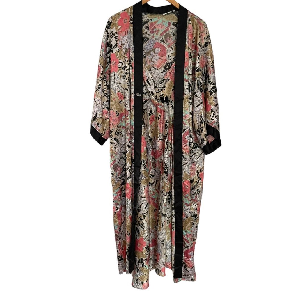 Vintage Blanche Peignoir Set Medium M Robe & Nightgown Black Pink Floral Satin